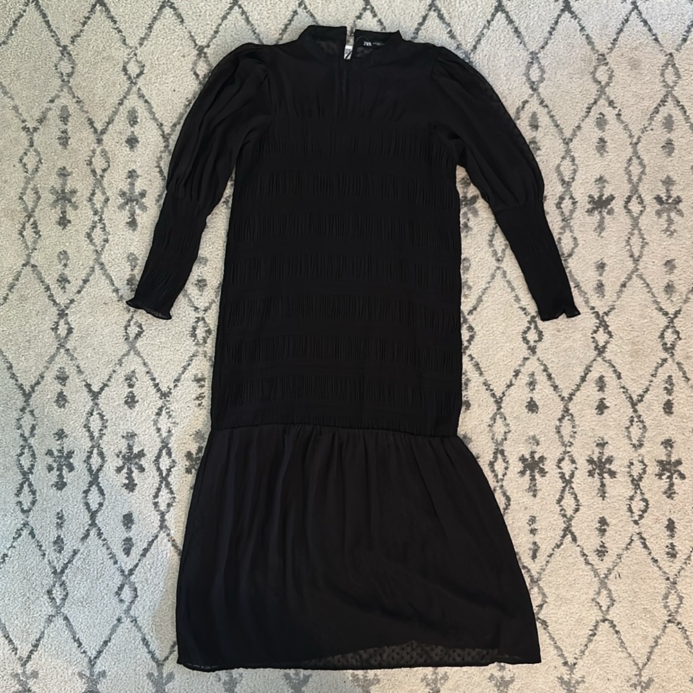 NWT Zara Black Long Sleeve Sheer Detail Polka Dot Cocktail Dress